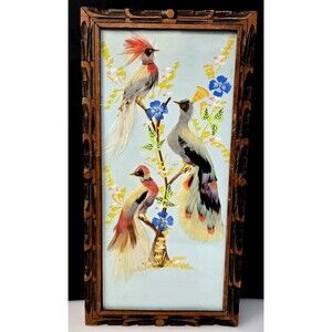 Mexican Feather Craft Bird Pheasant Real Feather Art Hand Painted Framed Vintage